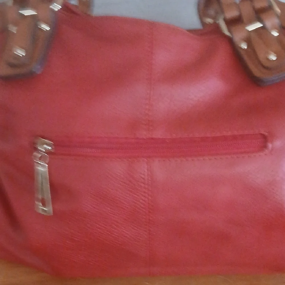 Michael Kors Red and Tan Shoulder Bag with Metallic Accents Double Handles
